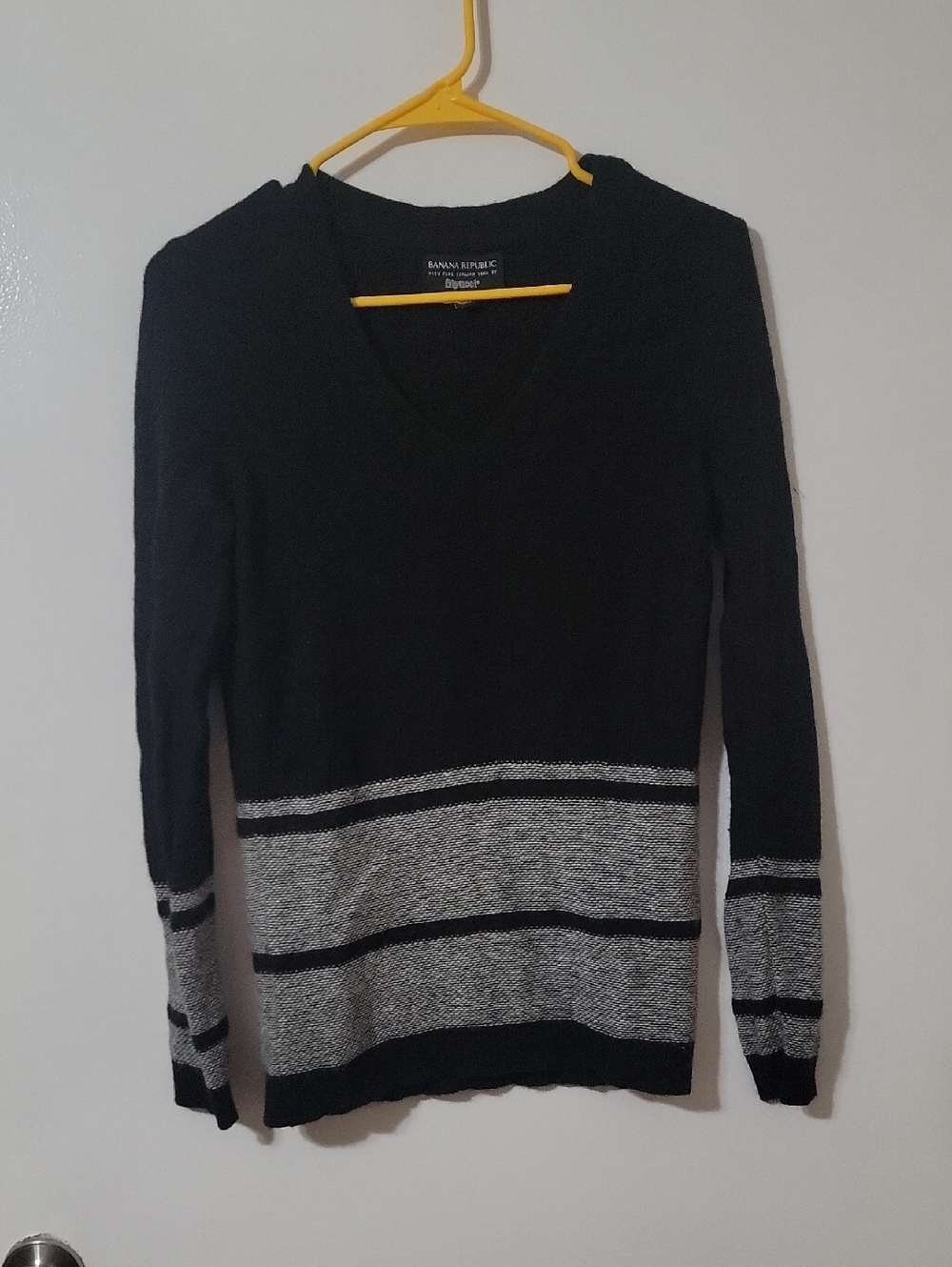 Banana Republic Black V-Neck Sweater with Gray Stripes